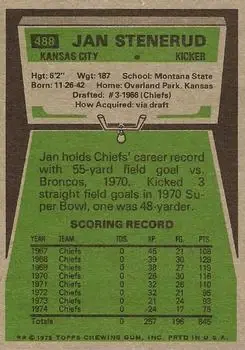 1975 Topps #488 - Jan Stenerud - Kansas City Chiefs - Back