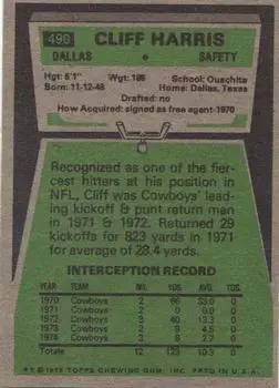 1975 Topps #490 - Cliff Harris - Dallas Cowboys - Back