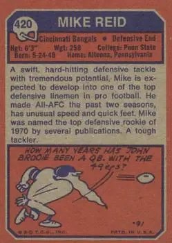 1973 Topps #420 - Mike Reid - Cincinnati Bengals - Back