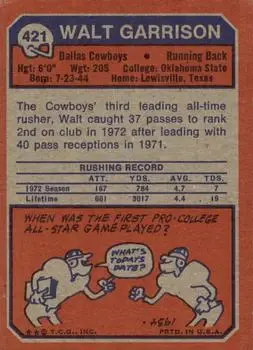 1973 Topps #421 - Walt Garrison - Dallas Cowboys - Back