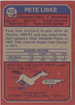 1973 Topps #422 - Pete Liske - Philadelphia Eagles
