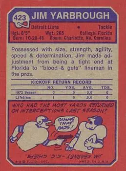 1973 Topps #423 - Jim Yarbrough - Detroit Lions - Back