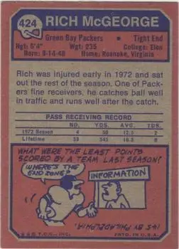 1973 Topps #424 - Rich McGeorge - Green Bay Packers - Back
