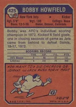 1973 Topps #425 - Bobby Howfield - New York Jets - Back