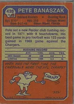 1973 Topps #426 - Pete Banaszak - Oakland Raiders - Back