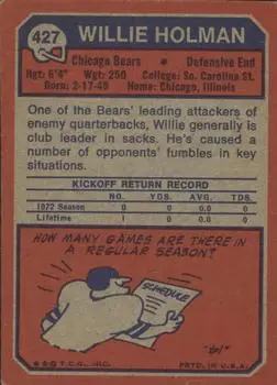 1973 Topps #427 - Willie Holman - Chicago Bears - Back