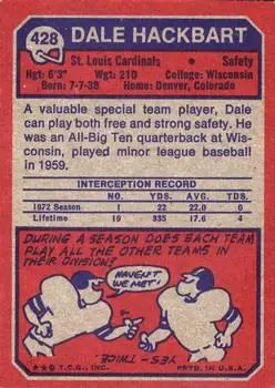 1973 Topps #428 - Dale Hackbart - St. Louis Cardinals - Back
