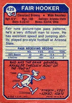 1973 Topps #429 - Fair Hooker - Cleveland Browns - Back
