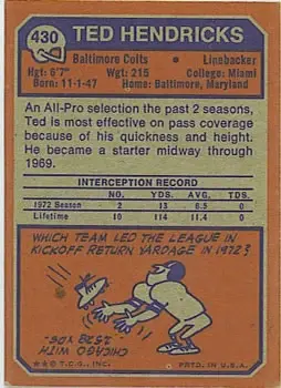 1973 Topps #430 - Ted Hendricks - Baltimore Colts - Back