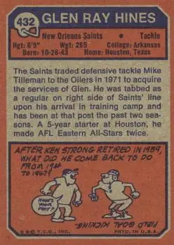 1973 Topps #432 - Glen Ray Hines - New Orleans Saints - Back