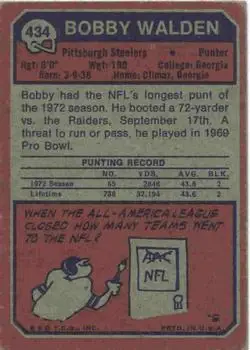 1973 Topps #434 - Bobby Walden - Pittsburgh Steelers - Back
