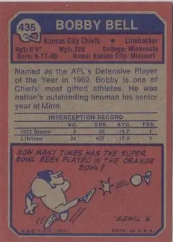 1973 Topps #435 - Bobby Bell - Kansas City Chiefs - Back