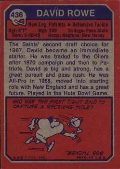1973 Topps #436 - Dave Rowe - New England Patriots - Back