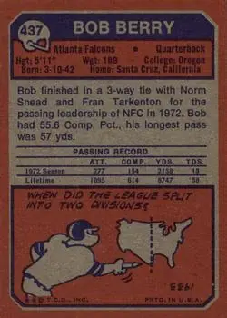 1973 Topps #437 - Bob Berry - Atlanta Falcons - Back