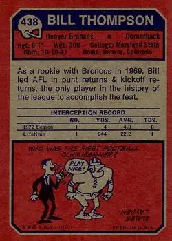 1973 Topps #438 - Bill Thompson - Denver Broncos - Back