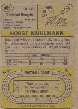 1974 Topps #465 - Horst Muhlmann - Cincinnati Bengals - Back