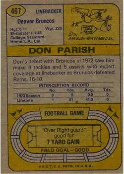 1974 Topps #467 - Don Parish - Denver Broncos - Back