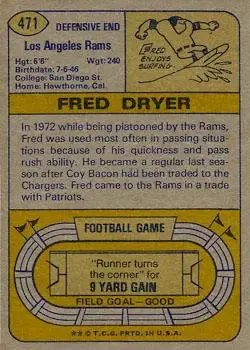 1974 Topps #471 - Fred Dryer - Los Angeles Rams - Back