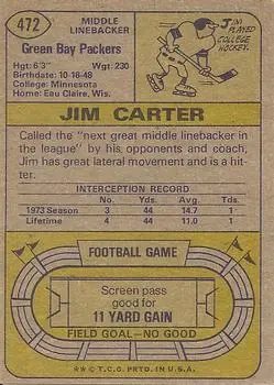 1974 Topps #472 - Jim Carter - Green Bay Packers - Back