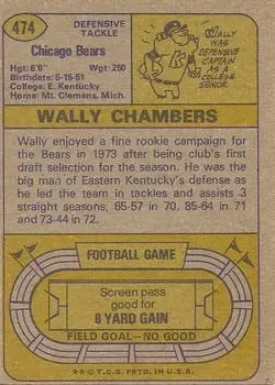 1974 Topps #474 - Wally Chambers - Chicago Bears - Back