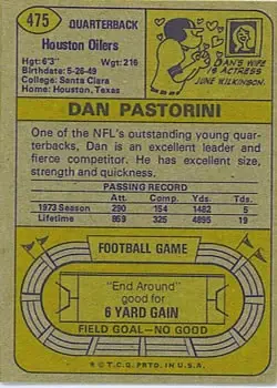1974 Topps #475 - Dan Pastorini - Houston Oilers - Back