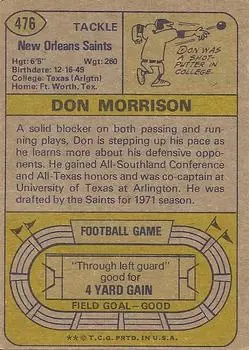 1974 Topps #476 - Don Morrison - New Orleans Saints - Back