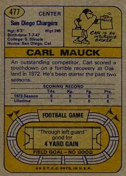 1974 Topps #477 - Carl Mauck - San Diego Chargers - Back