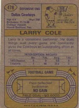 1974 Topps #478 - Larry Cole - Dallas Cowboys - Back