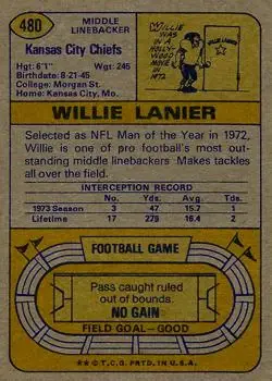 1974 Topps #480 - Willie Lanier - Kansas City Chiefs - Back
