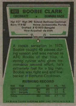 1975 Topps #491 - Boobie Clark - Cincinnati Bengals - Back