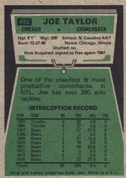 1975 Topps #492 - Joe Taylor - Chicago Bears - Back
