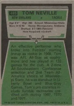 1975 Topps #493 - Tom Neville - New England Patriots - Back