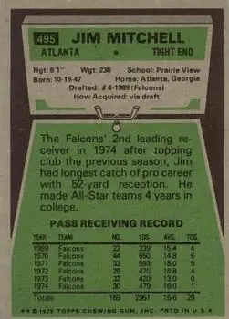 1975 Topps #495 - Jim Mitchell - Atlanta Falcons - Back 1975 Topps #495 - Jim Mitchell - Atlanta Falcons - Back