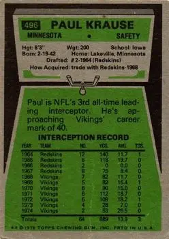 1975 Topps #496 - Paul Krause - Minnesota Vikings - Back