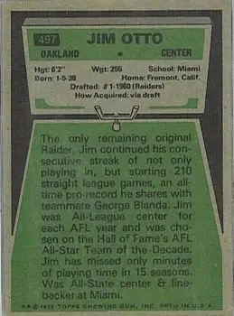 1975 Topps #497 - Jim Otto - Oakland Raiders - Back