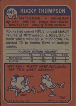 1973 Topps #441 - Rocky Thompson - New York Giants - Back