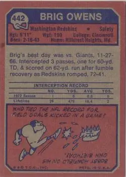 1973 Topps #442 - Brig Owens - Washington Redskins - Back