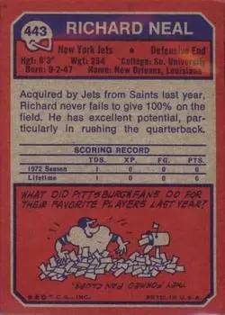 1973 Topps #443 - Richard Neal - New York Jets - Back