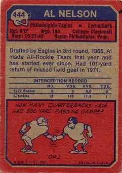 1973 Topps #444 - Al Nelson - Philadelphia Eagles