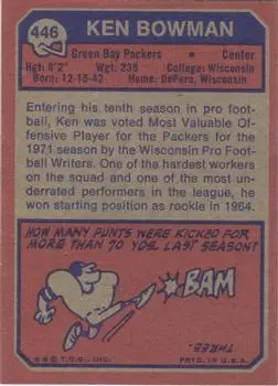 1973 Topps #446 - Ken Bowman - Green Bay Packers - Back 1973 Topps #446 - Ken Bowman - Green Bay Packers - Back