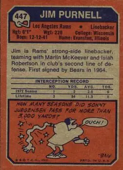 1973 Topps #447 - Jim Purnell - Los Angeles Rams - Back