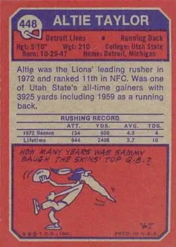 1973 Topps #448 - Altie Taylor - Detroit Lions - Back