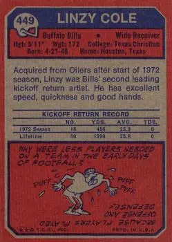 1973 Topps #449 - Linzy Cole - Buffalo Bills 1973 Topps #449 - Linzy Cole - Buffalo Bills