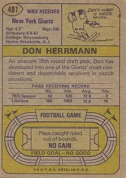 1974 Topps #481 - Don Herrmann - New York Giants - Back
