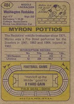 1974 Topps #484 - Myron Pottios - Washington Redskins - Back