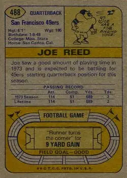 1974 Topps #488 - Joe Reed - San Francisco 49ers - Back