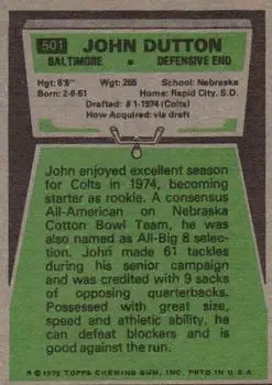 1975 Topps #501 - John Dutton - Baltimore Colts - Back