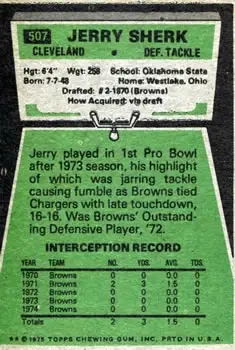 1975 Topps #507 - Jerry Sherk - Cleveland Browns - Back