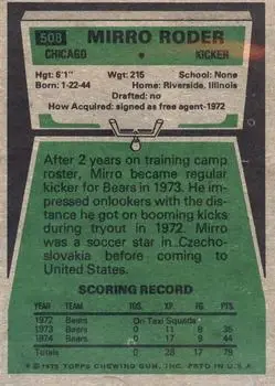 1975 Topps #508 - Mirro Roder - Chicago Bears - Back 1975 Topps #508 - Mirro Roder - Chicago Bears - Back