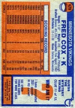 1976 Topps #479 - Fred Cox - Minnesota Vikings